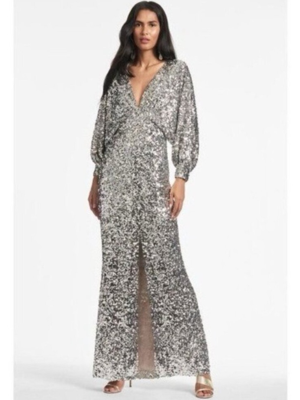 Sachin & Babi Gabby Gown Silver Sequin Maxi Dress Long Sleeve V Neck Slit 8 NEW
